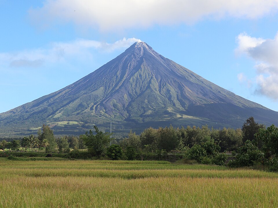 Mayon Volcano rising over rice fields, Philippines